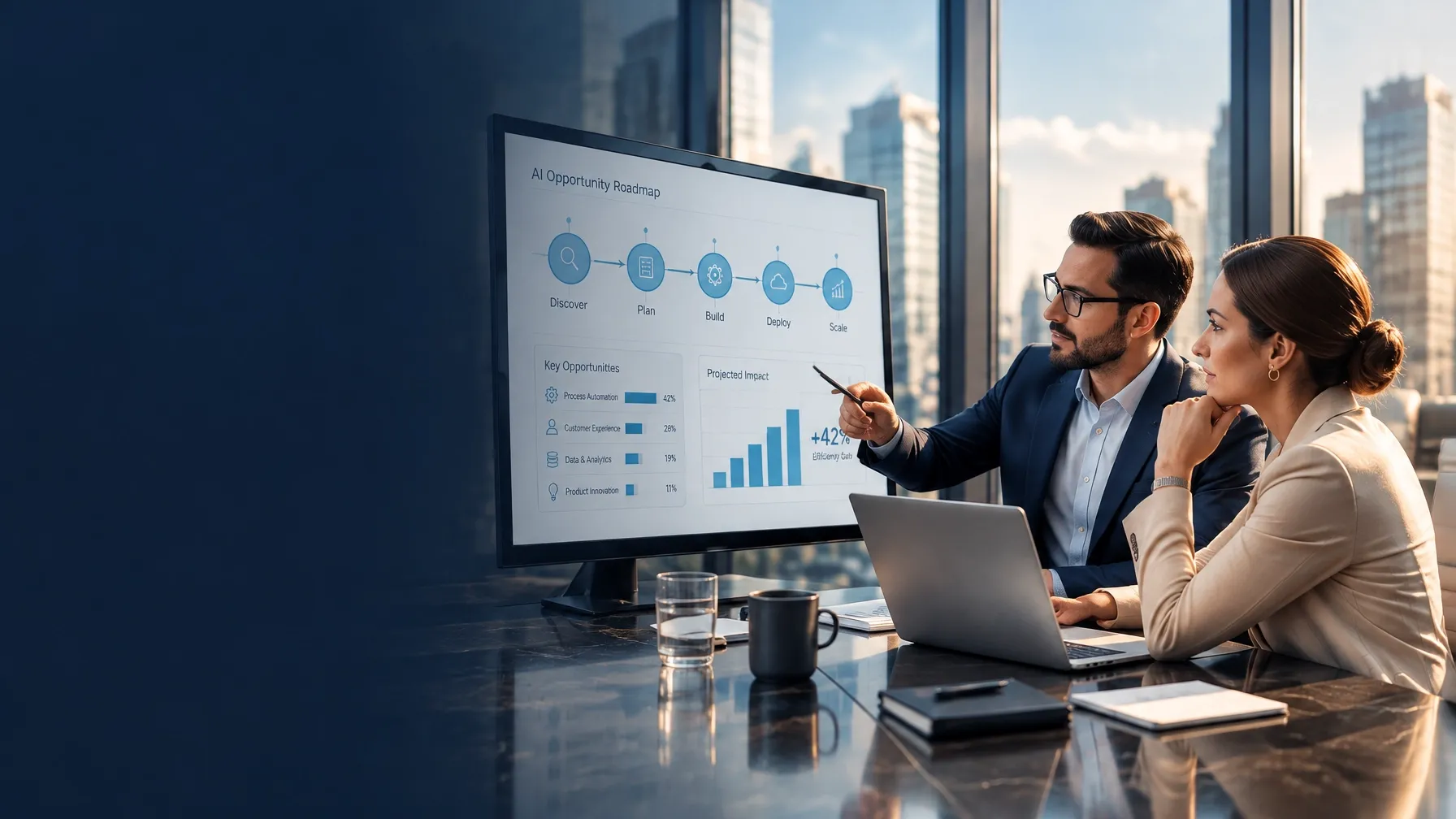 Business leaders reviewing an AI opportunity roadmap and projected outcomes